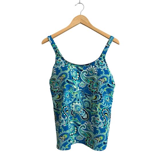 NEW Lands End Blue Green Paisley Shelf Bra Adjustable Straps Tankini Top Size 16 - Picture 1 of 6